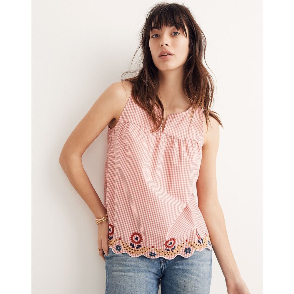 Madewell Red Embroidered Gingham Scalloped Hem Preppy Cottagecore Tank Top S